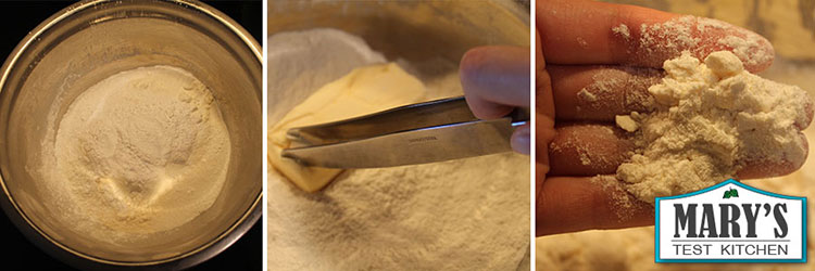 collage showing how to cut butter into flour with knives.