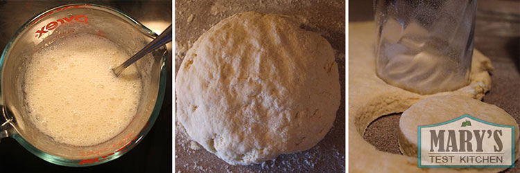 Collage showing how to cut scones from dough with a cup.