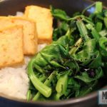 Rice bowl with snow pea greens and veggie tofu