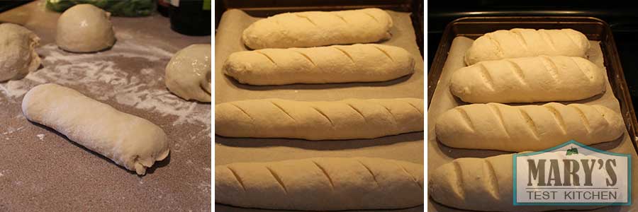 Pictures showing risen and unrisen french loaves.