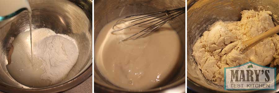 Three pictures of the first steps of this french bread recipe.