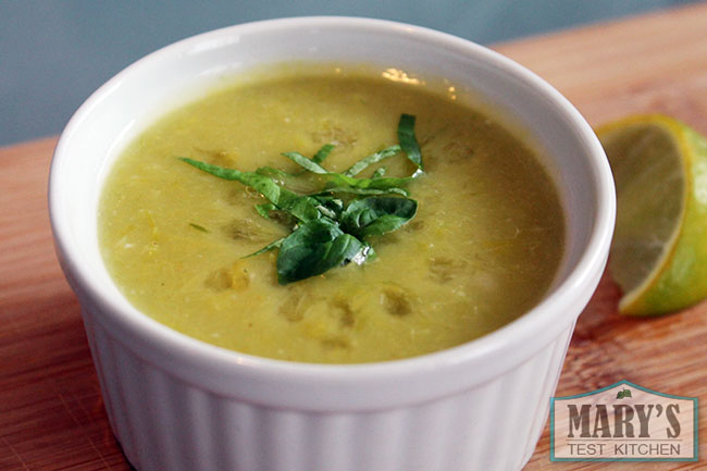 cream of leek soup with basil garnish and lime juice