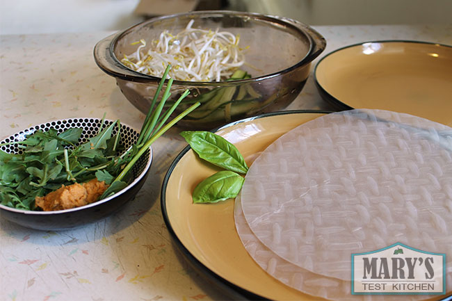 vegan greens, bean sprouts, rice wrappers and basil