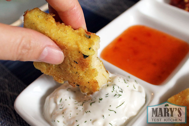 fried burmese tofu vegan "fish sticks" with creamy dill dip