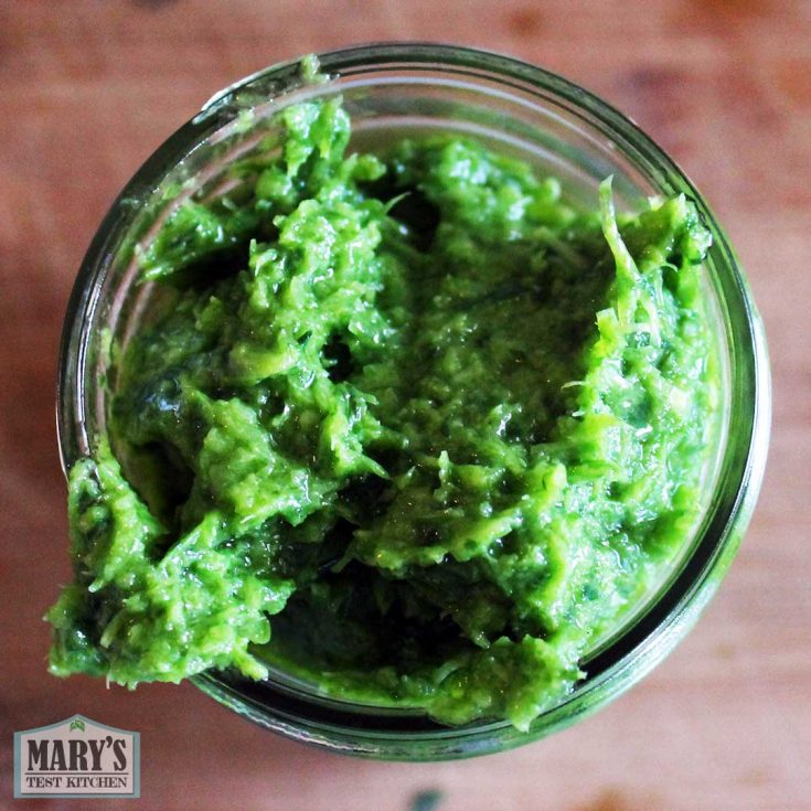 jar of homemade easy vegan garlic scape pesto