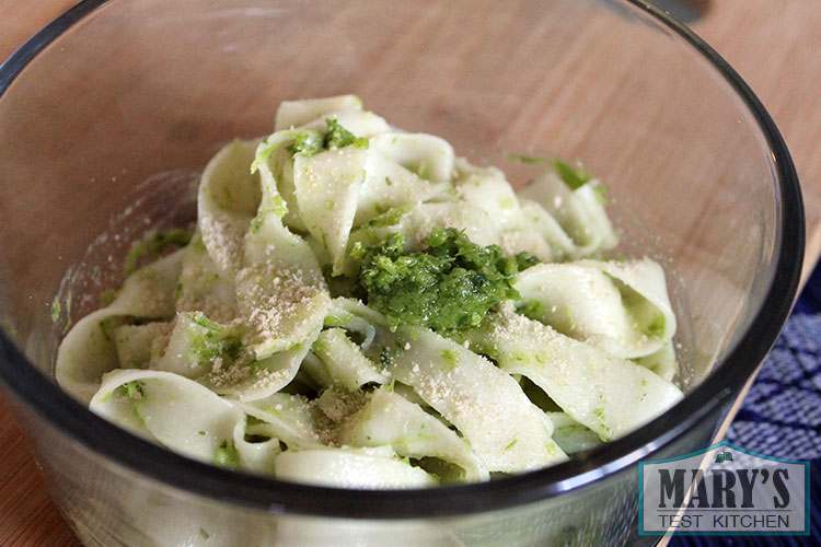 vegan garlic scape pesto on fresh fettuccine pasta