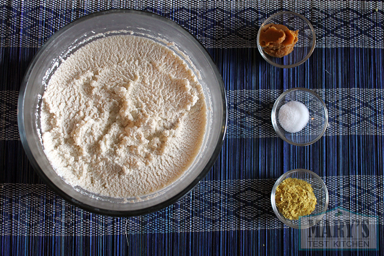 cultured almond cream cheese with miso paste, nutritional yeast and salt.