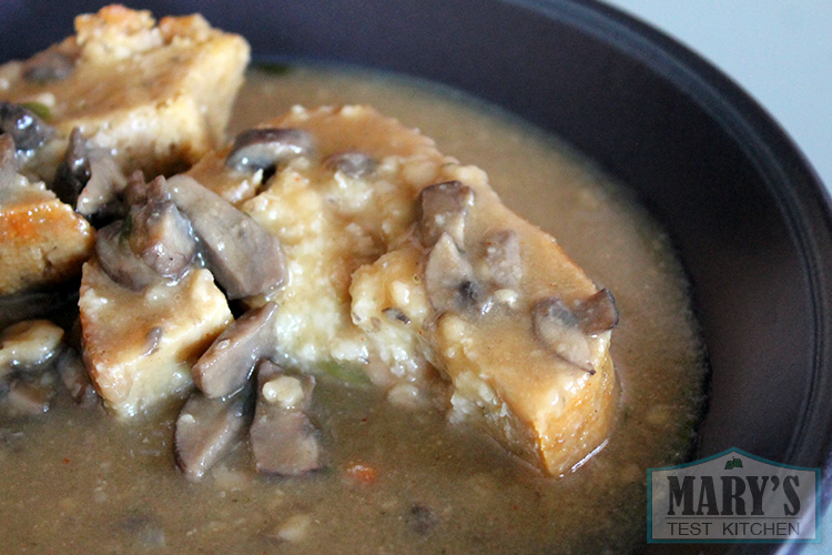 stuffed seitan slices with mushroom gravy