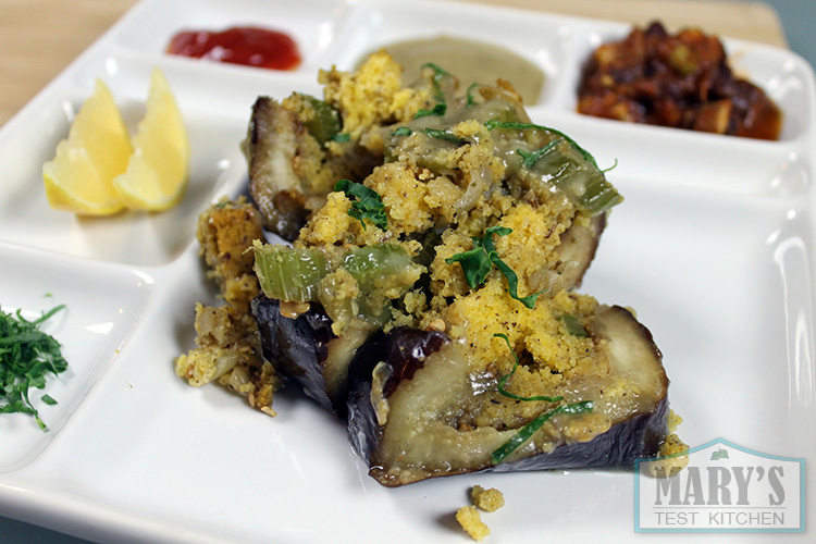 roasted-eggplant-cornbread-stuffing-gravy-plated