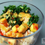 baked tofu cubes with kale on rice