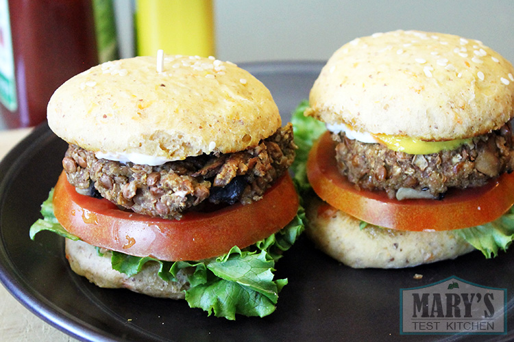 Easy mushroom lentil patties in sweet potato hamburger buns.