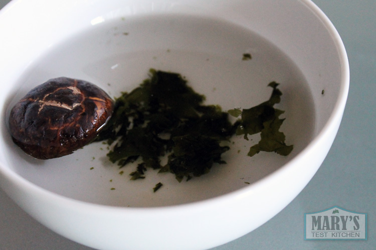 The start of vegan 'fish' sauce: shiitake, wakame and water.