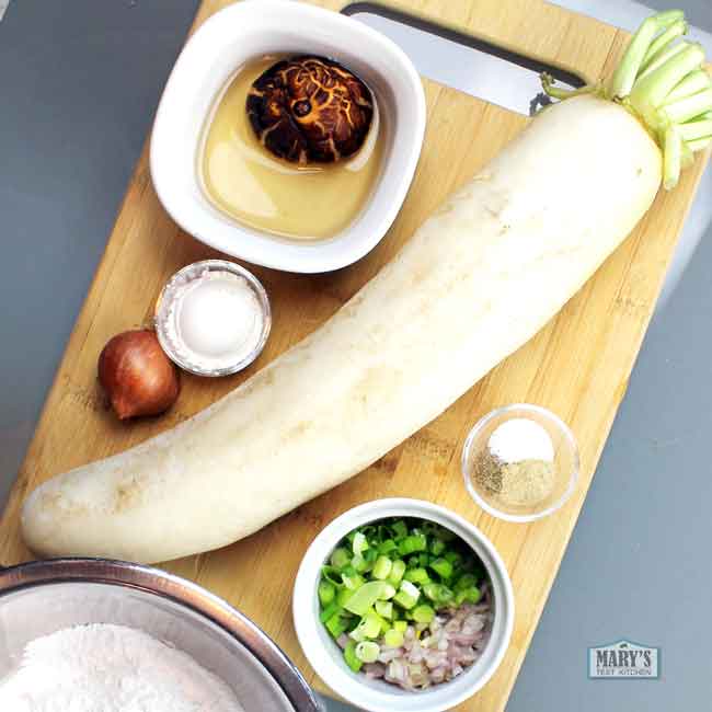 Chinese turnip (daikon) and other ingredients laid out