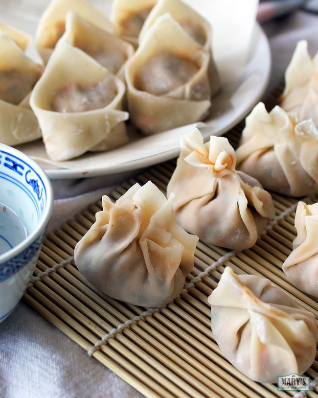 vegan wontons wrapped like tortellini and in sack shapes