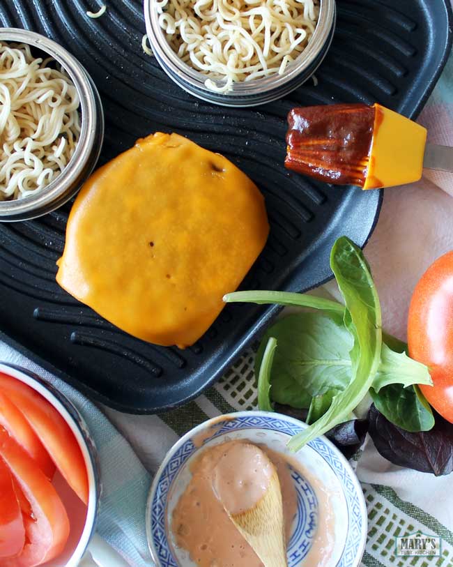 spread of ramen burger ingredients