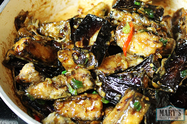 crispy fried chinese eggplant in the pan