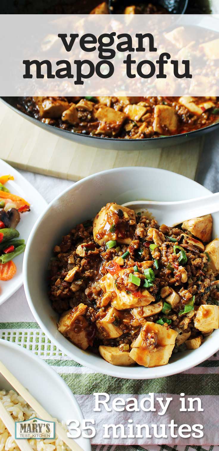wok and bowl of vegan mapo tofu