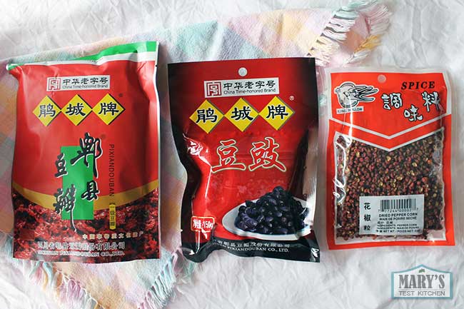 special ingredients for mapo tofu: broad bean paste, fermented black beans, and Sichuan peppercorns