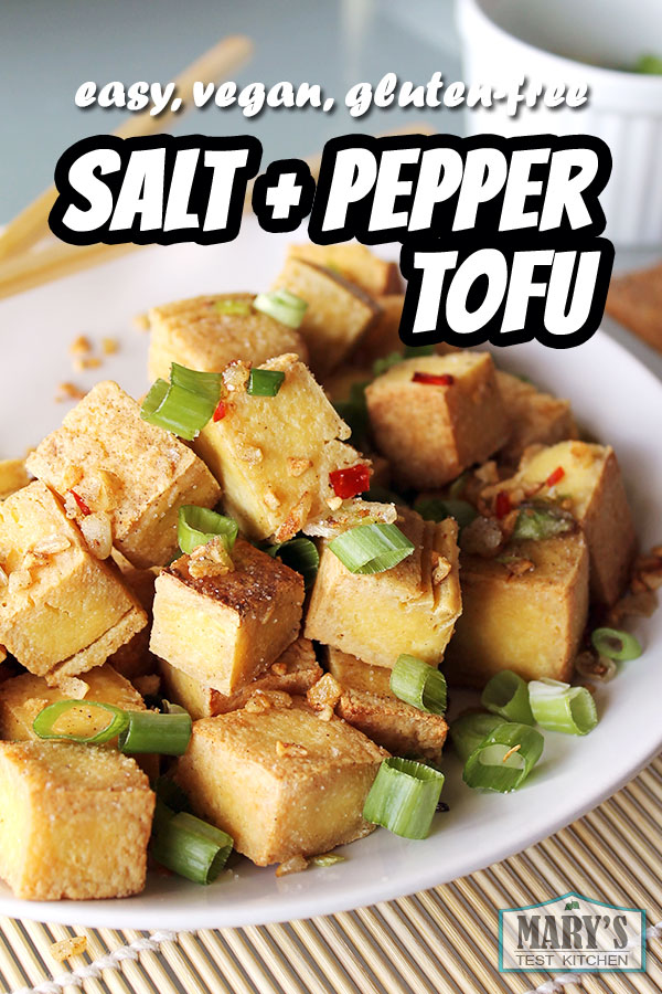 Pin this! Plate of vegan salt and pepper tofu