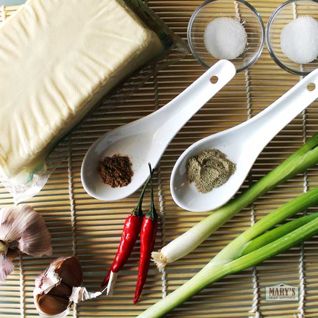 ingredients for salt and pepper tofu laid out