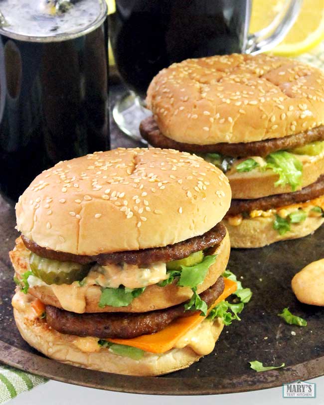 Two vegan Big Mac style burgers