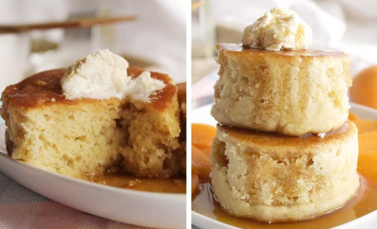 2 stacked vegan japanese-style souffle pancakes and cross section