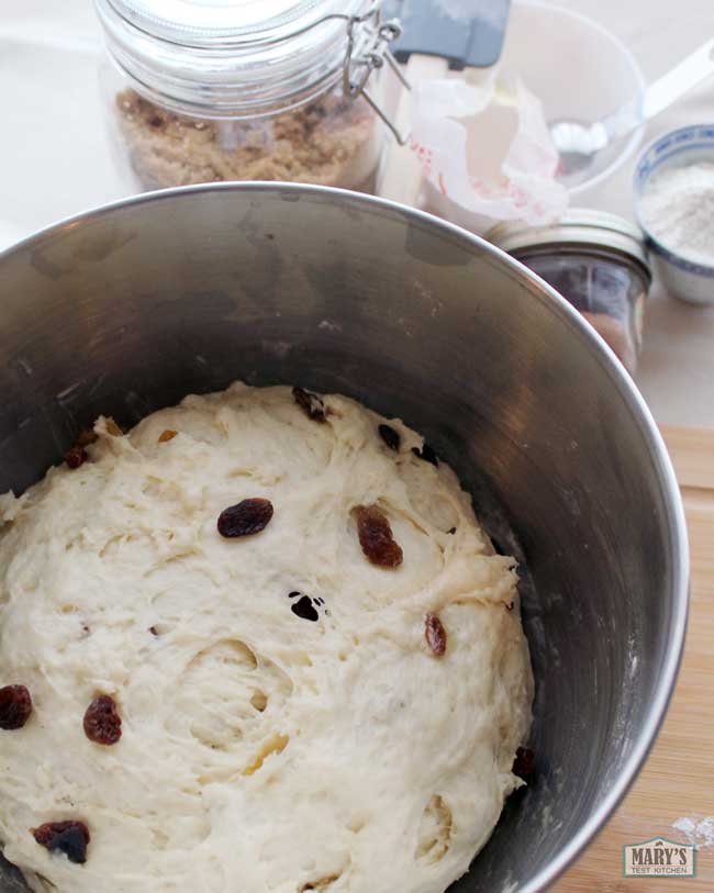 bowl of vegan raisin bread dough