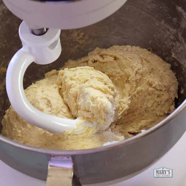Shaggy easy vegan milk bread dough in stand mixer