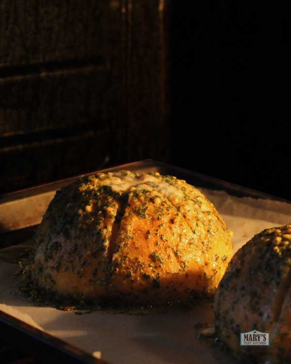 Vegan Korean Cream Cheese Garlic Bread baking in oven