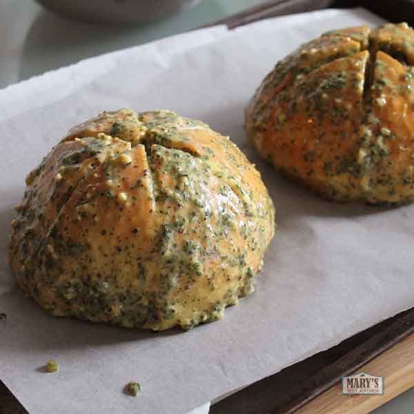 Soaked and filled Vegan Korean Cream Cheese Garlic Bread before baking