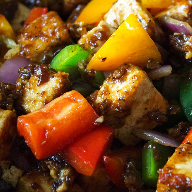 close up of vegan chinese black pepper tofu