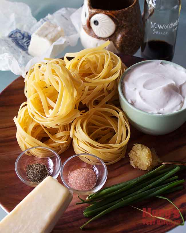 Plate of ingredients for Easy Vegan Noodles Romanoff