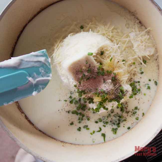 Sauce ingredients in pan for Easy Vegan Noodles Romanoff