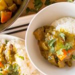 Two servings of Vegan Coconut Curry Chicken with rice served