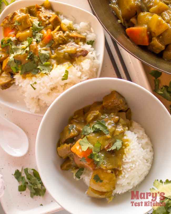 Bowl of Vegan Coconut Curry Chicken with Rice