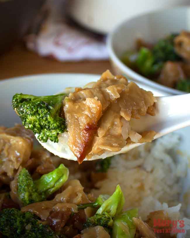 spoonful of vegan chicken and broccoli