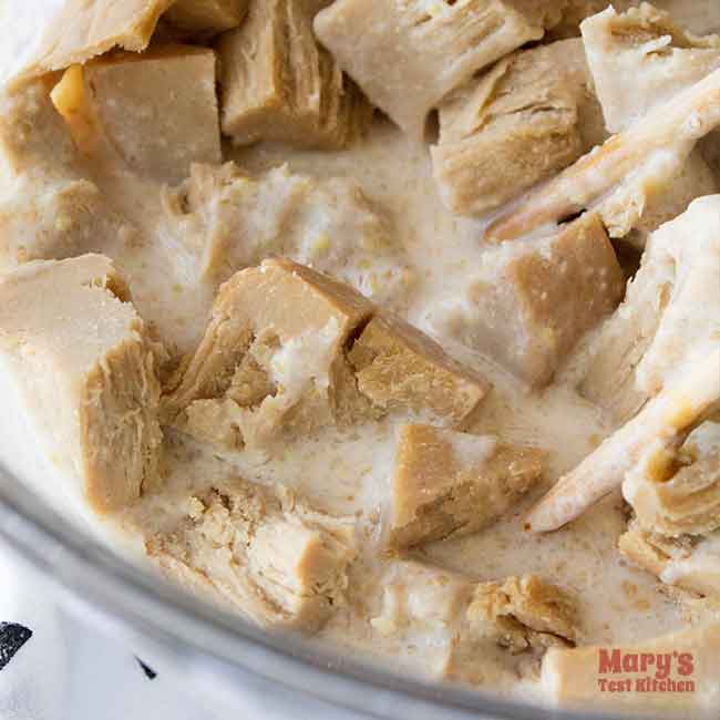 cubed seitan in bowl of flax based liquid batter