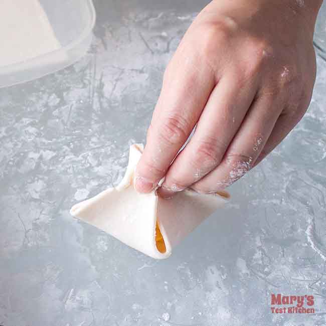 pinch four corners of wonton wrapper over filling
