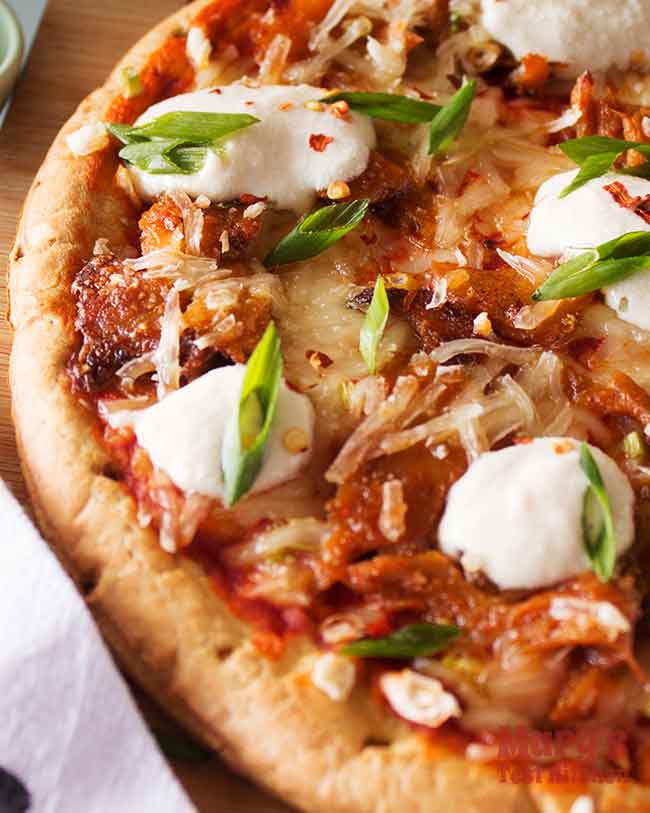 close up of Easy Vegan Buffalo Chicken Pizza