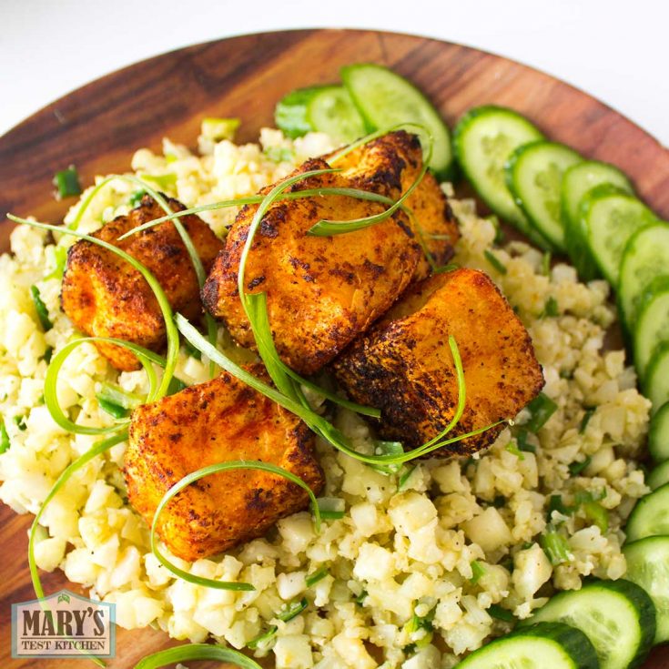 Airfryer Spicy Tofu Puffs on Cauliflower Rice for One