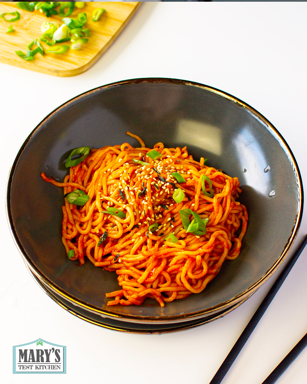 bowl of vegan korean hot chicken noodles