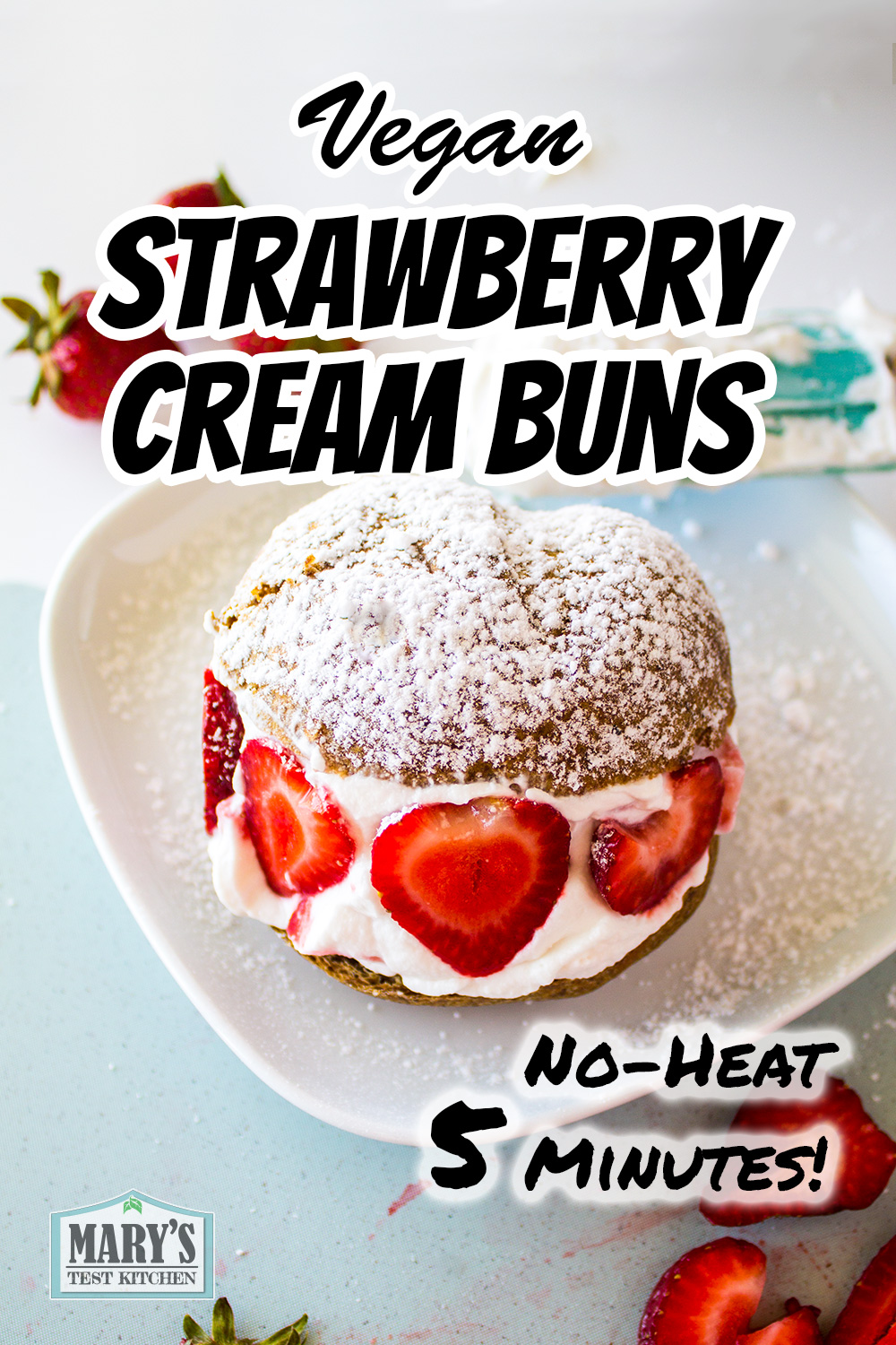 pinterest image of vegan strawberry cream bun