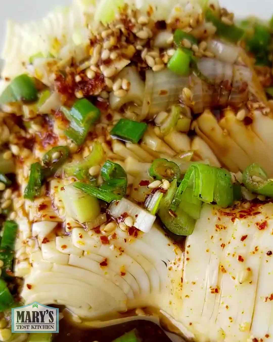 silken tofu sliced for texture and topped with green onion, sesame seeds, chili powder and hot oil