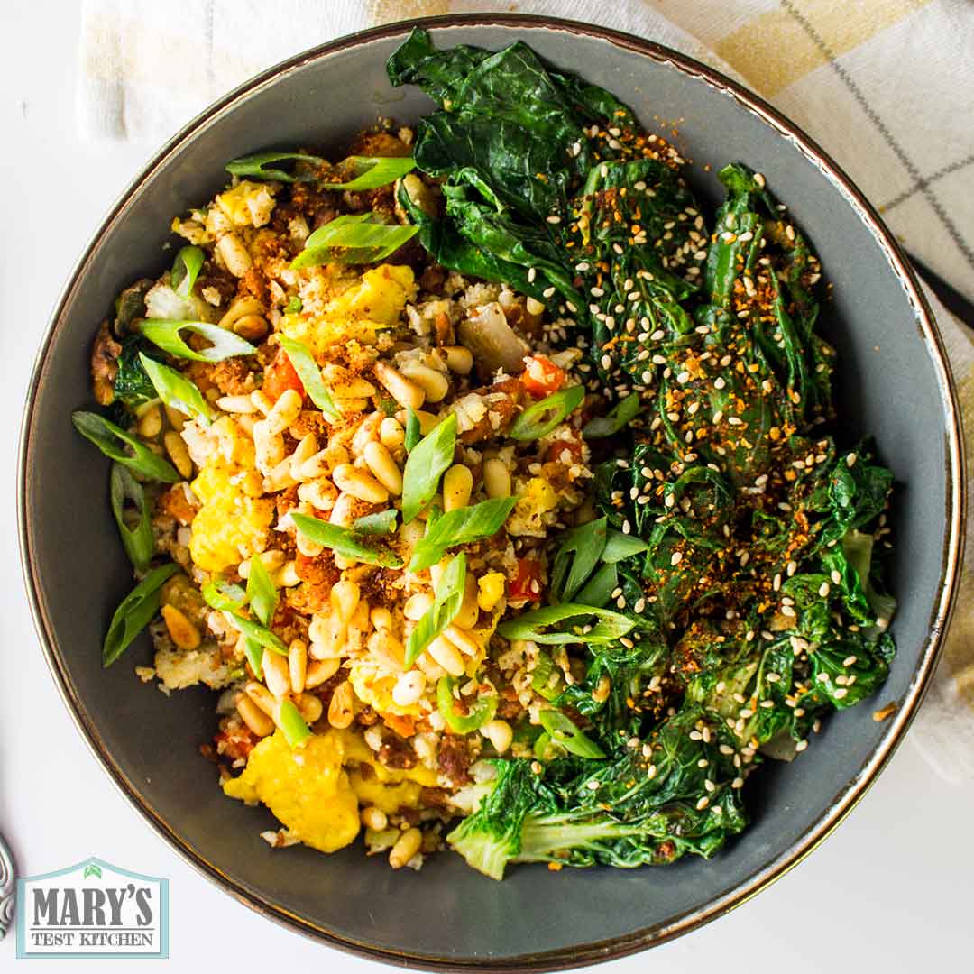 Vegan Keto Fried Rice with pine nuts and chinese greens