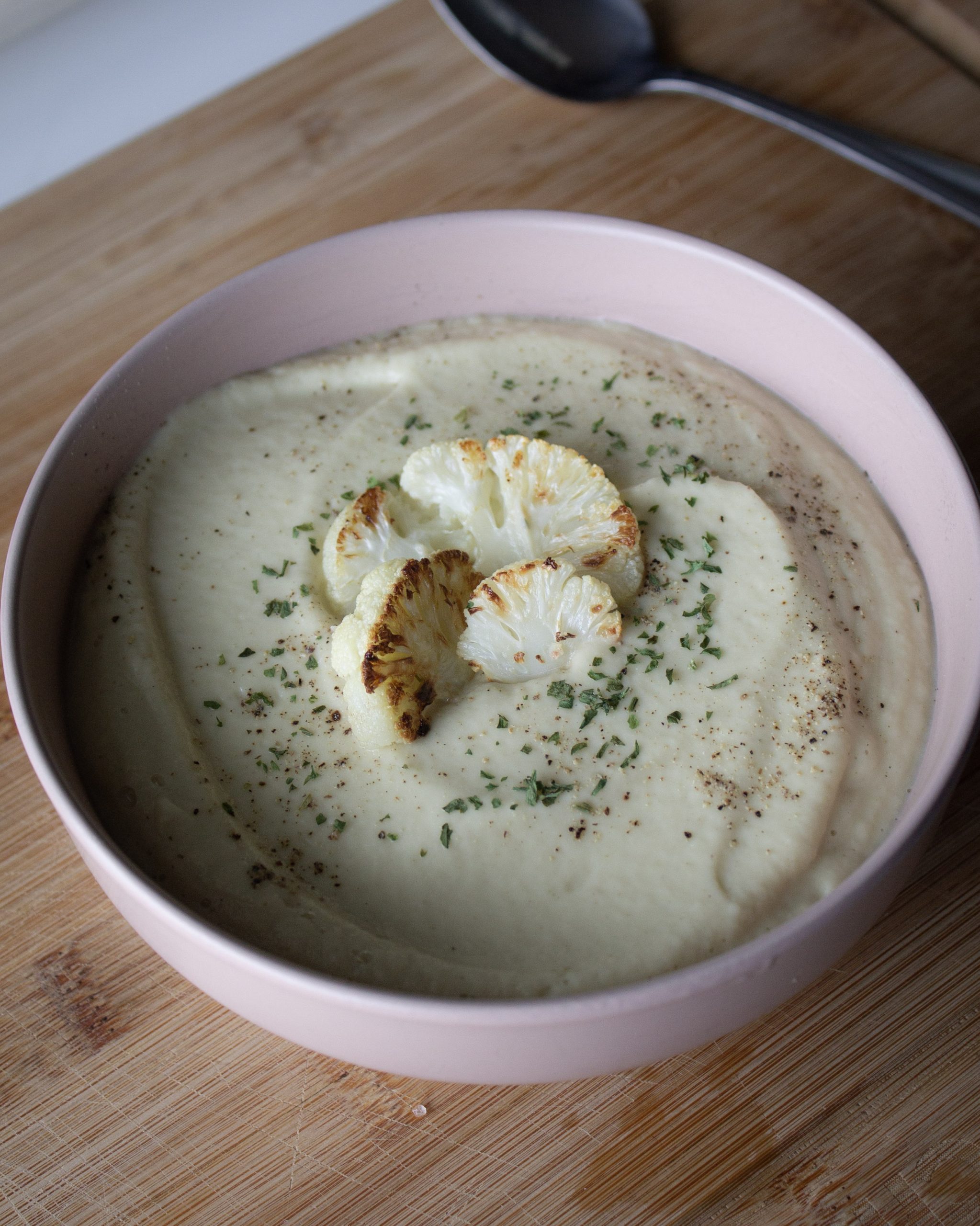 bowl of vegan roasted cauliflower soup for one