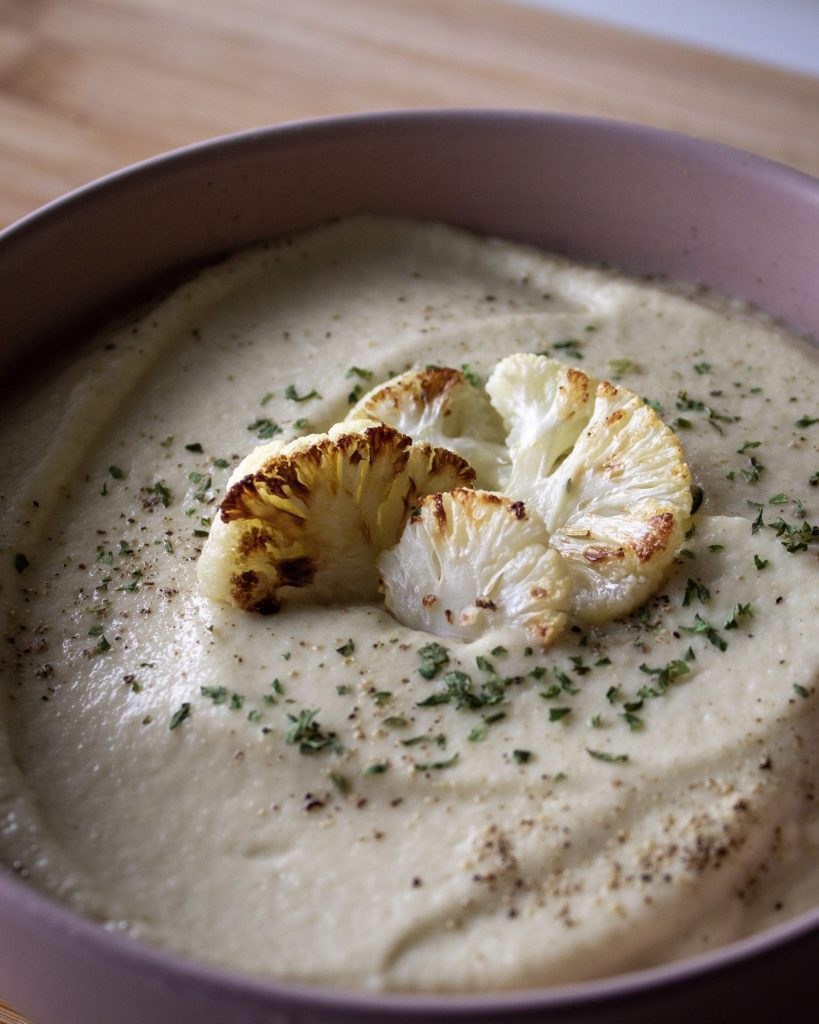 close up of vegan roasted cauliflower soup