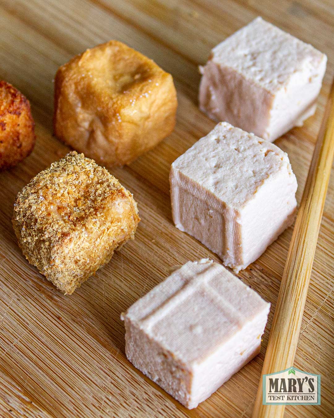 Pink Tofu (high protein red lentil tofu) plain, air fried, and deep-fried