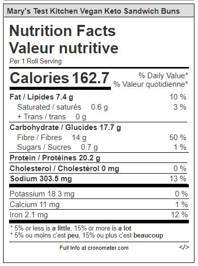 Nutritional label for vegan keto sandwich rolls generated from Cronometer