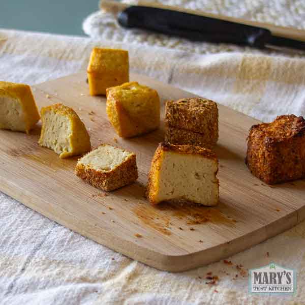 cut cubes of seasoned and air fried pigeon pea tofu