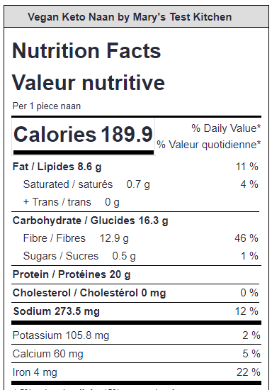 nutrition facts for vegan keto naan with cooking oil included